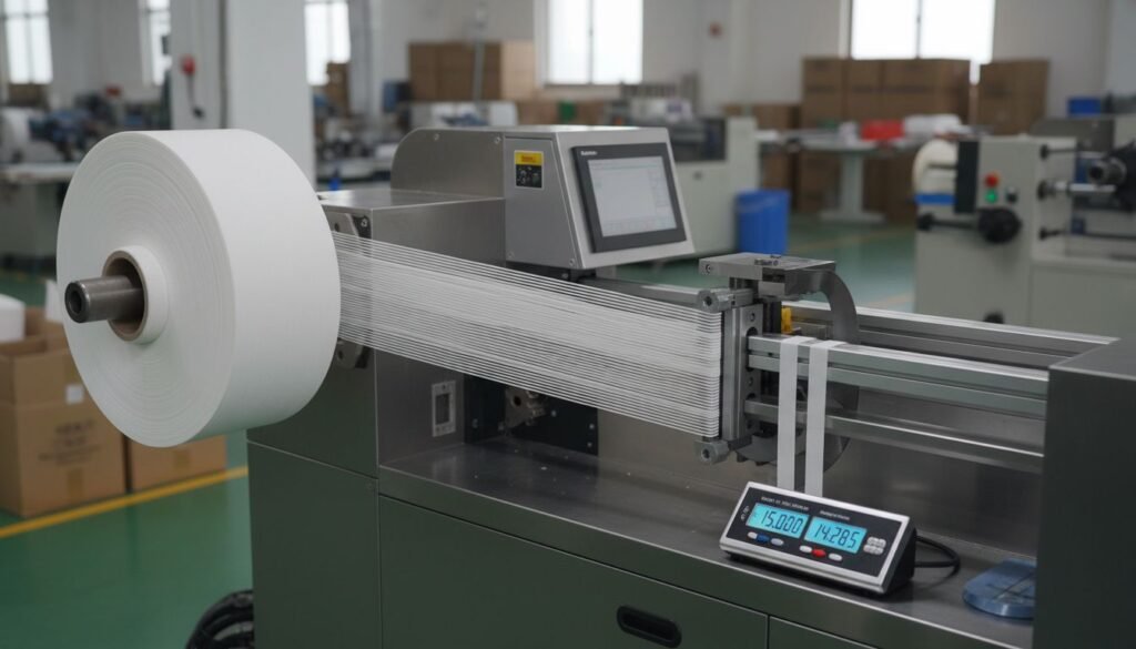 Roll of white elastic band feeding into a machine