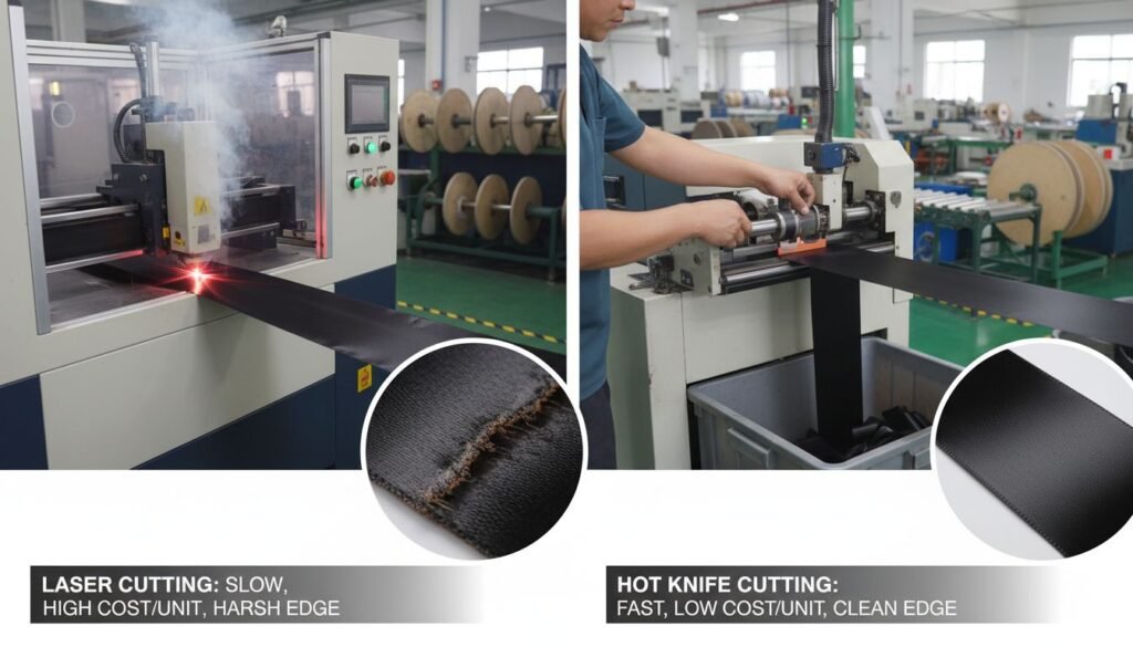 Comparison of a laser cutter burning fabric vs a hot knife sealing it