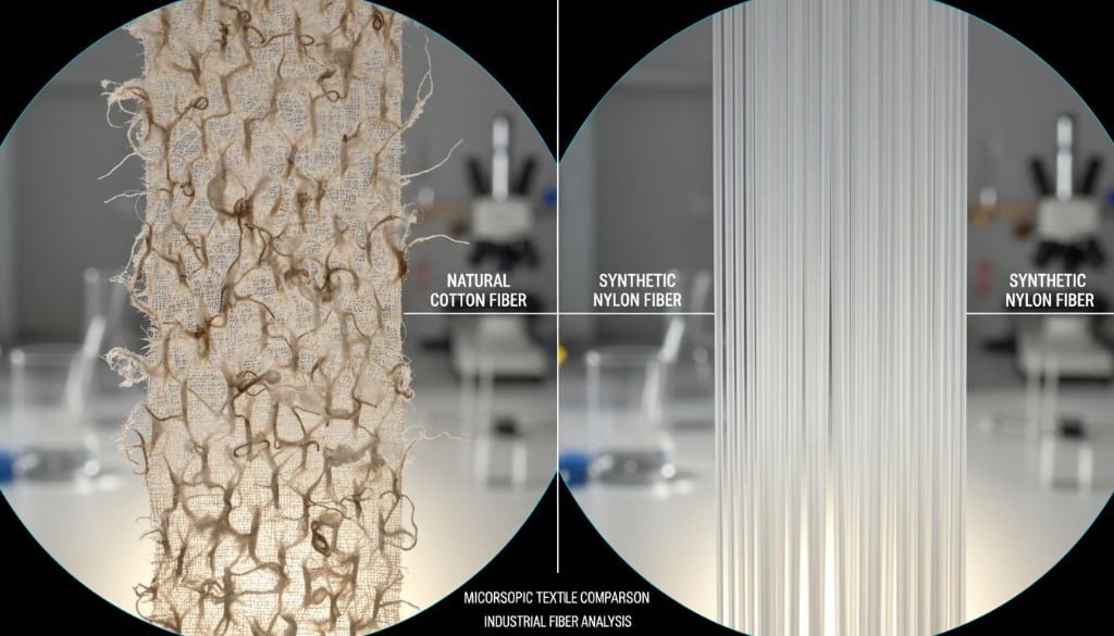 Fiber Comparison Comparison of cotton fibers vs nylon fibers under magnification