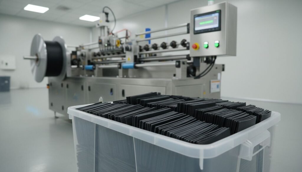 Perfectly cut elastic bands in a bin