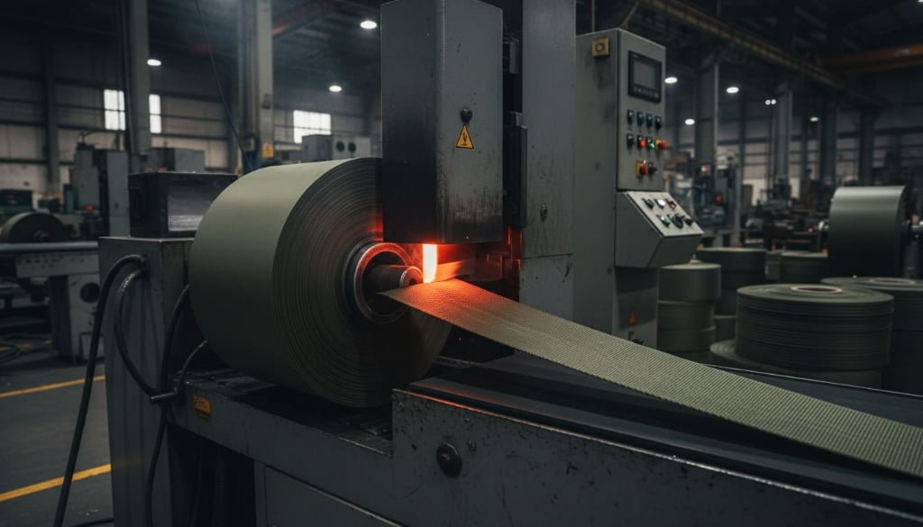 Nylon Webbing Roll Heavy duty nylon webbing roll being fed into a cutter