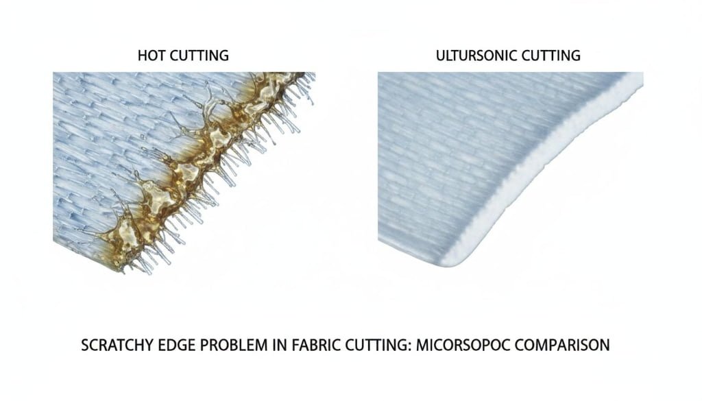 Close up of ultrasonic cutter head vibrating against fabric