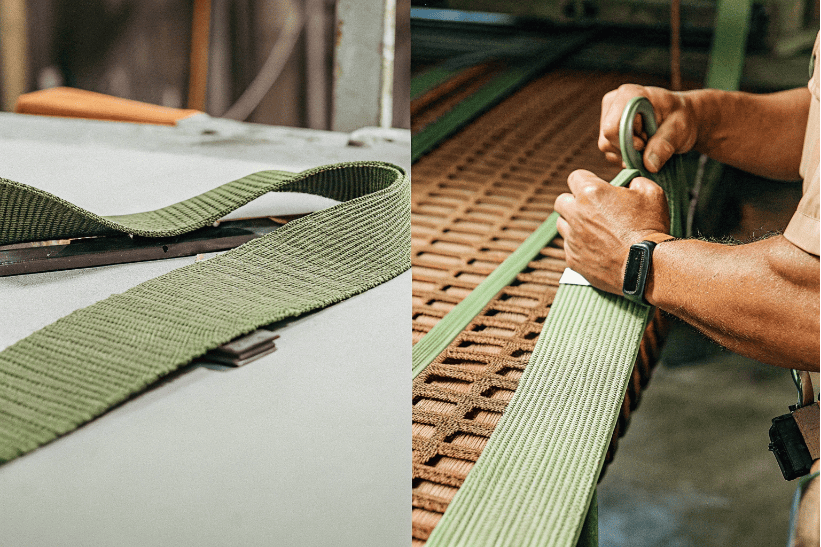 Worker struggling to thread a straight strap into a buckle