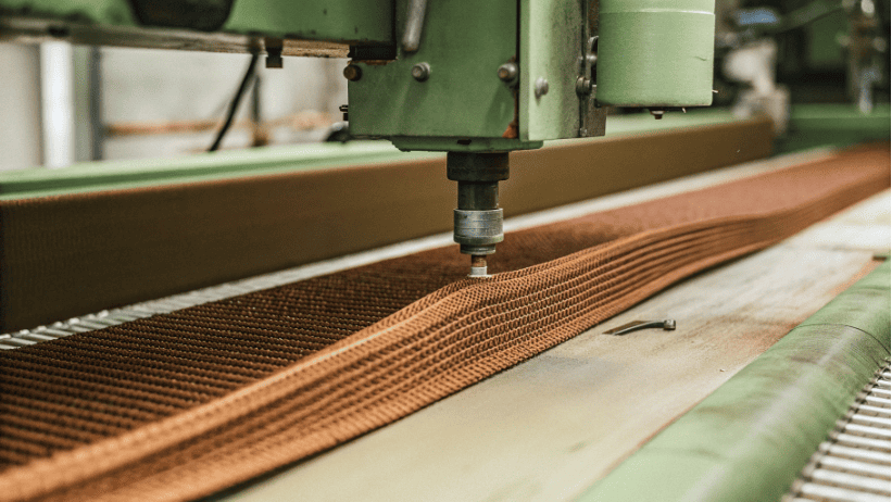 Heavy duty seatbelt webbing being cut by a pneumatic machine