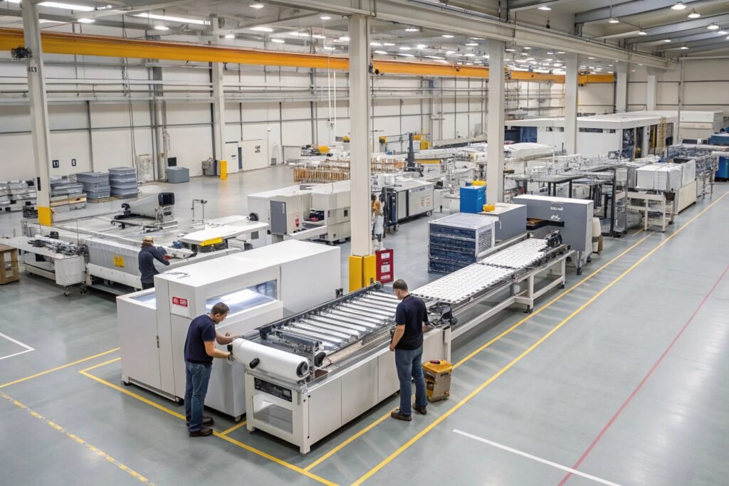 Automated packaging equipment with dual button safety controls and multi sensor monitoring