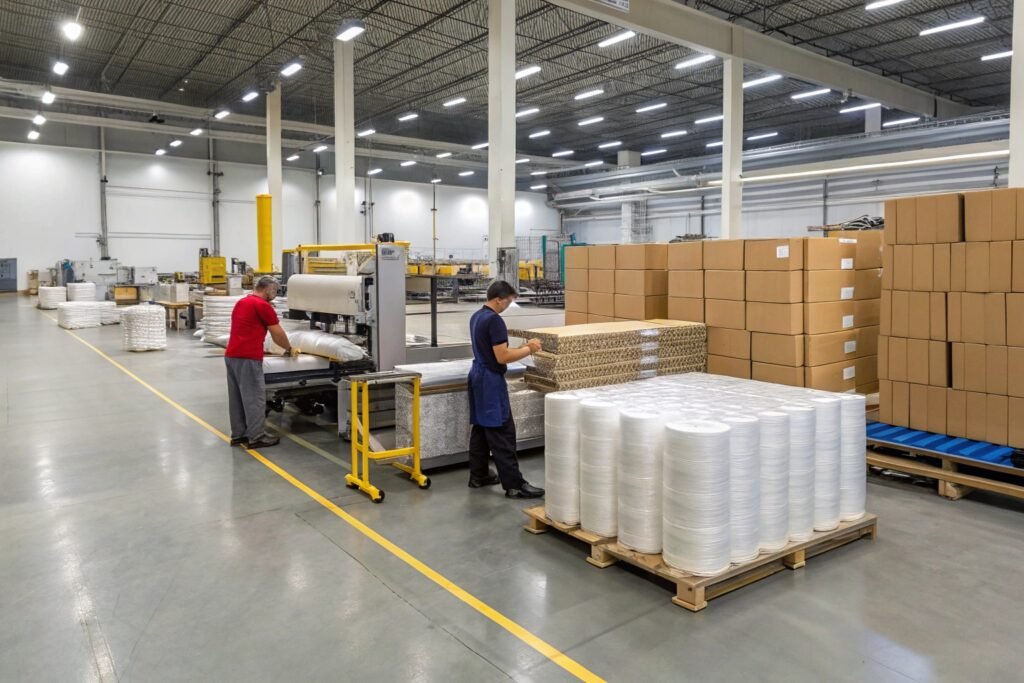 Bubble wrap sheeting machine operating in busy packaging warehouse