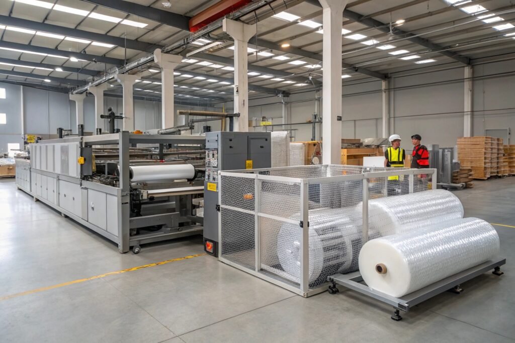 Industrial bubble wrap roll cutter feeding large packaging material in factory