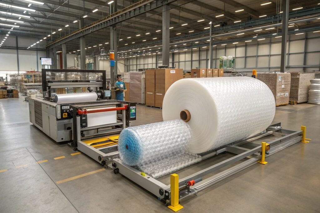 Industrial bubble wrap cutting machine in automated packaging factory