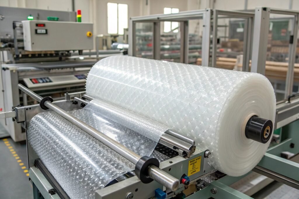 Packaging workers using automated bubble wrap cutting system