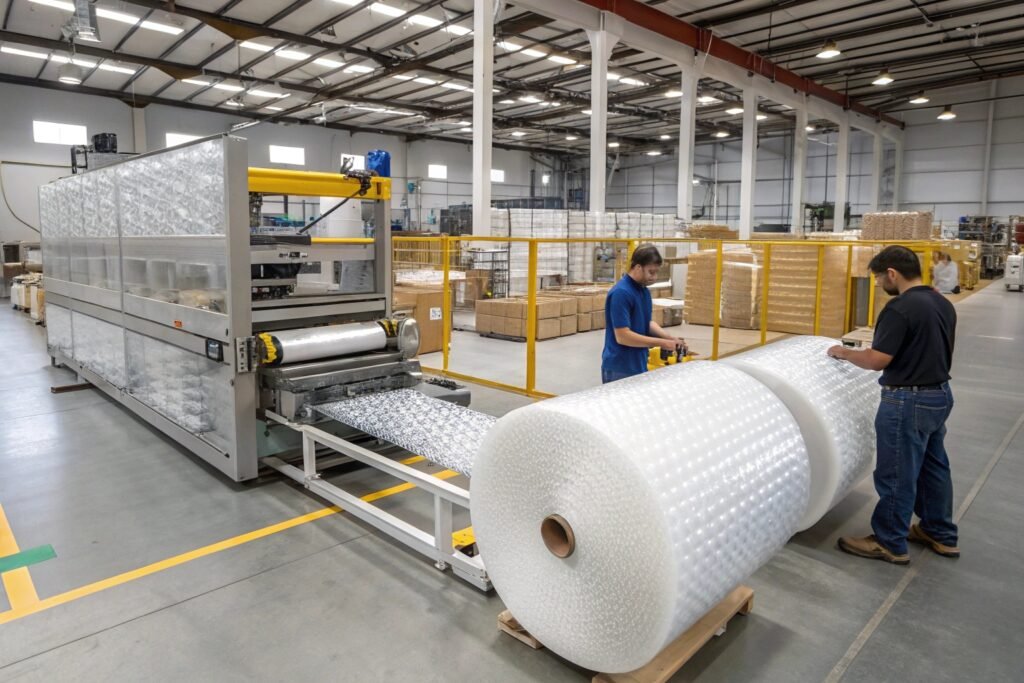 Industrial bubble wrap dispensing machine reducing material waste in warehouse fulfillment center
