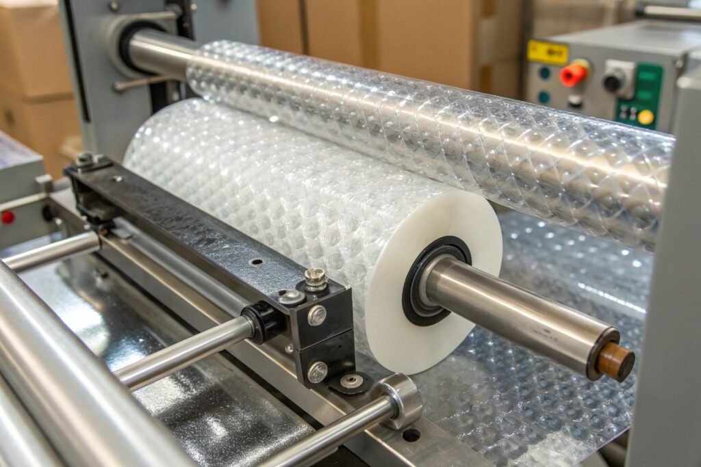 Close-up of two engineers measuring bubble wrap film roll