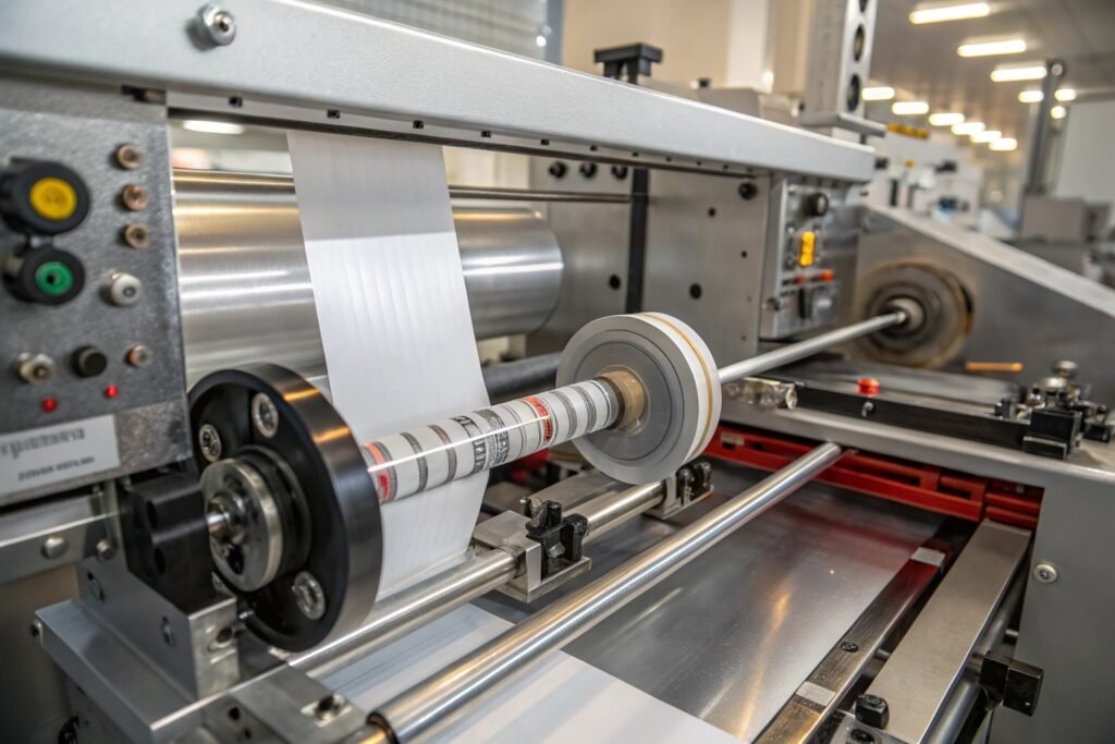 Industrial machine cutting multicolor film rolls in production line