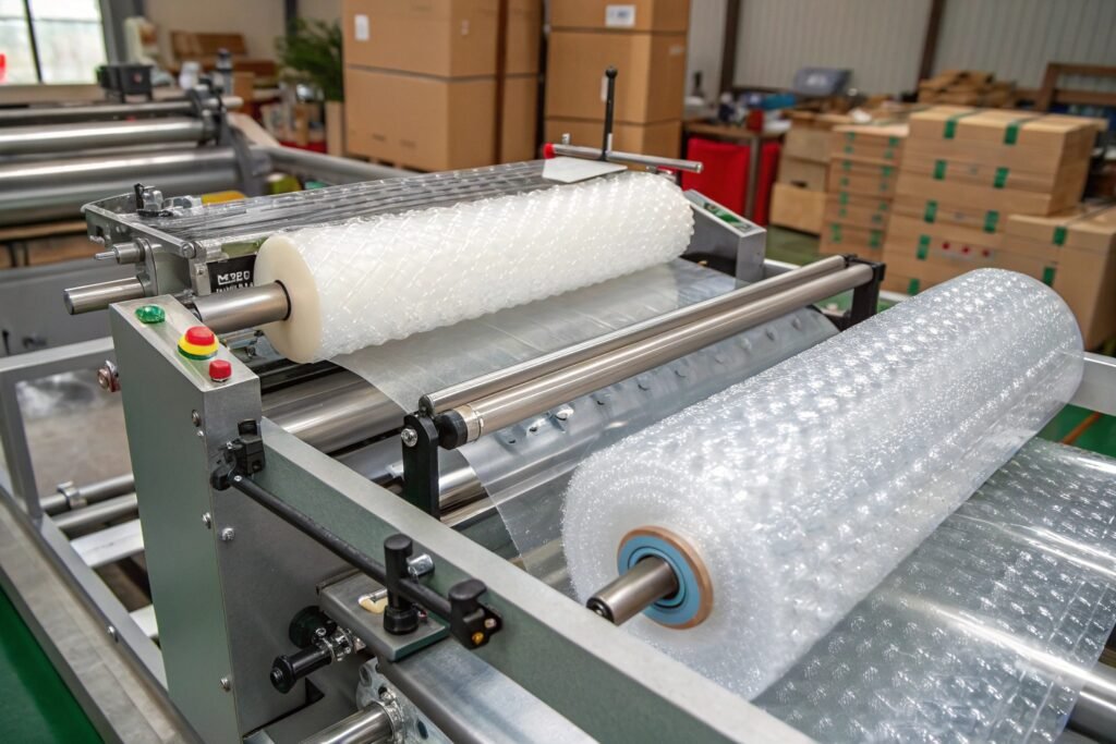 Large bubble wrap rolls stored in industrial warehouse