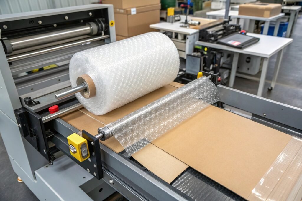 Industrial bubble wrap production line reducing packaging material waste