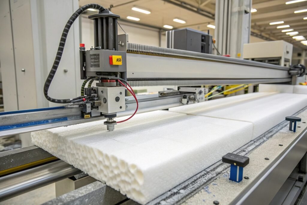 Large scale foam sheet production line in automated manufacturing facility