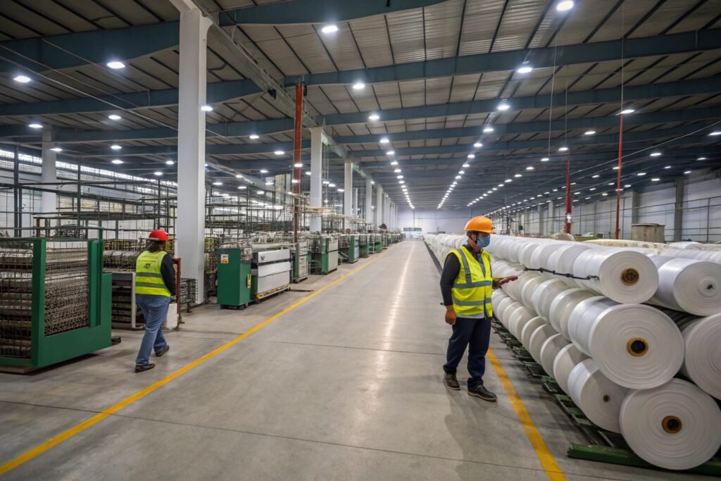 Close-up of automatic film slitting machine processing white rolls