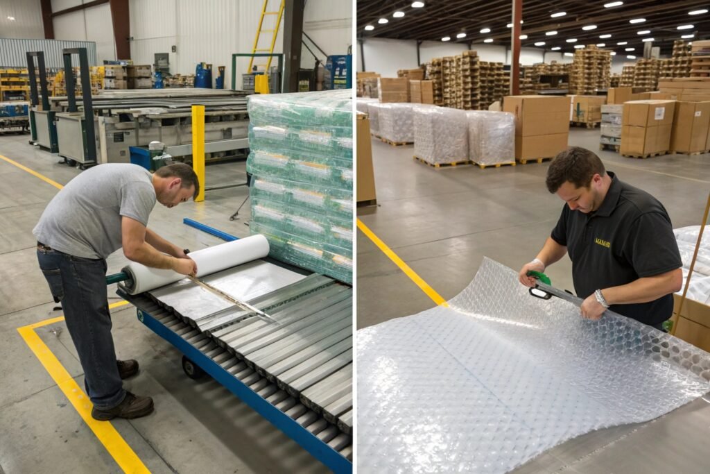 Warehouse workers manually cutting bubble wrap rolls