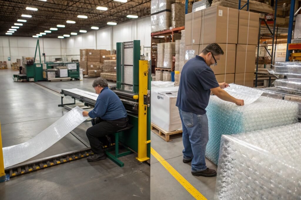 Warehouse workers manually cutting bubble wrap rolls