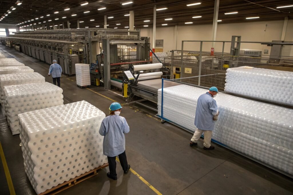 Bubble wrap production machine processing large rolls