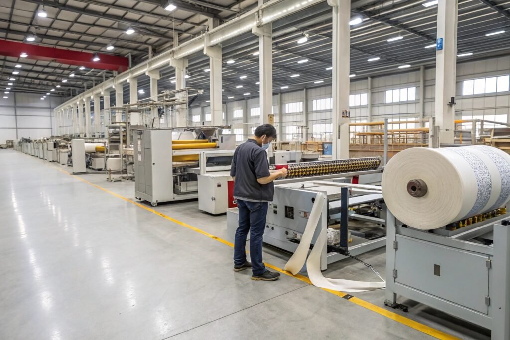 Warehouse workers manually cutting protective bubble wrap rolls