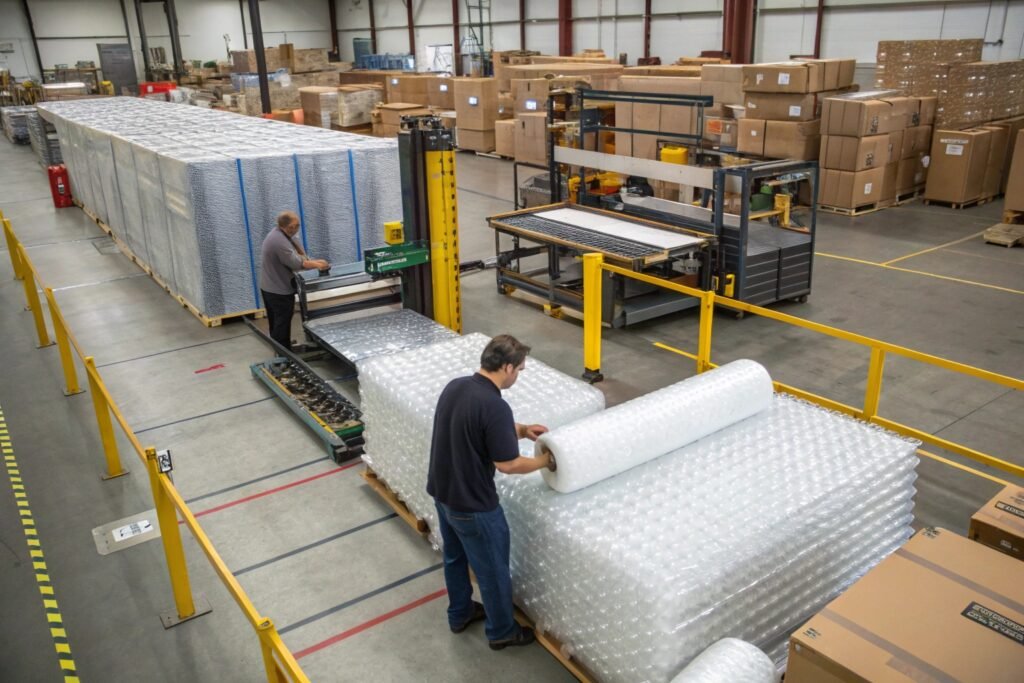 Standardized bubble wrap sheets organized at packing station