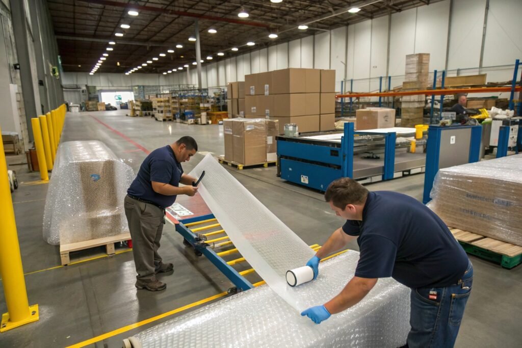 Workers manually cutting bubble wrap rolls in fulfillment center