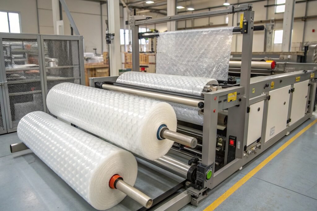 Automated packaging machinery with bubble wrap roll feeding system