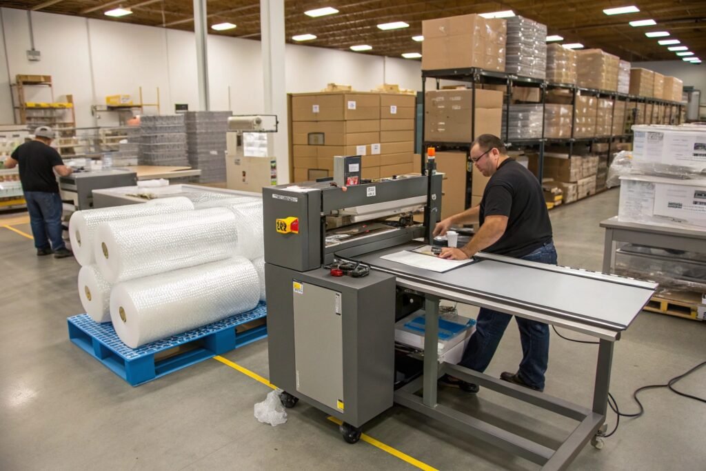 Bubble wrap packaging machine with industrial material handling system