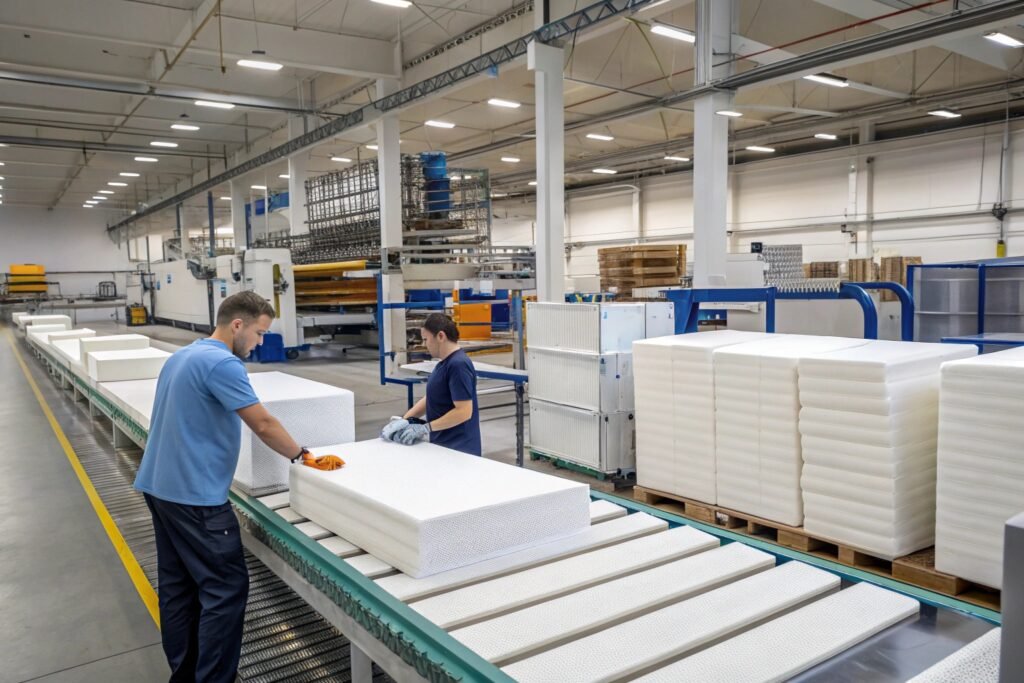 Automatic foam converting machine handling large foam material rolls