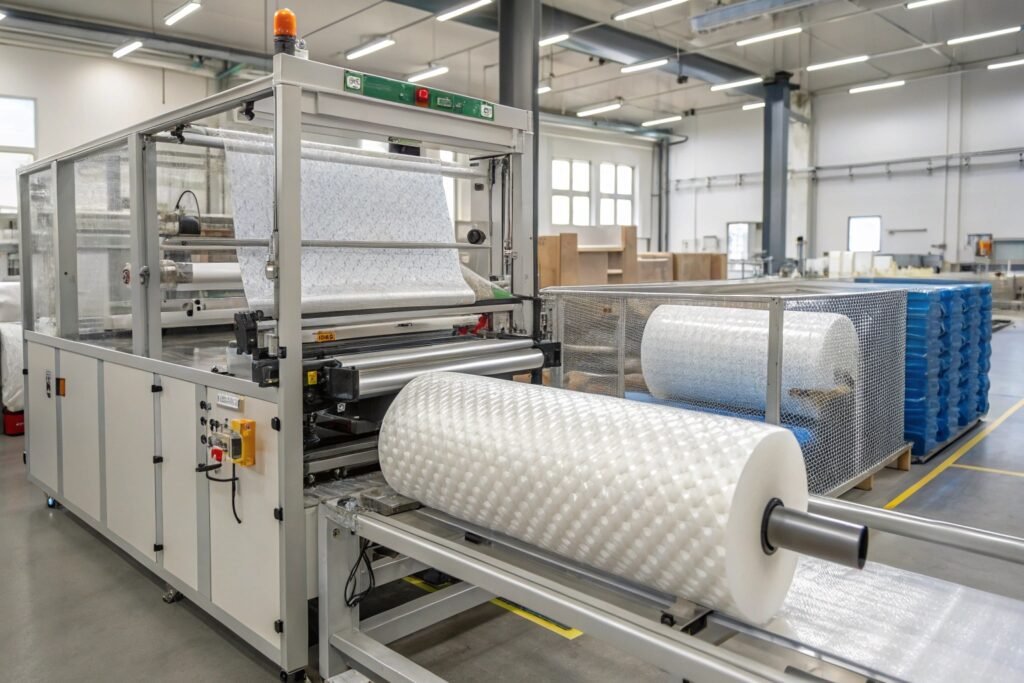 Automated bubble wrap cutting system standardizing packaging sizes for industrial use