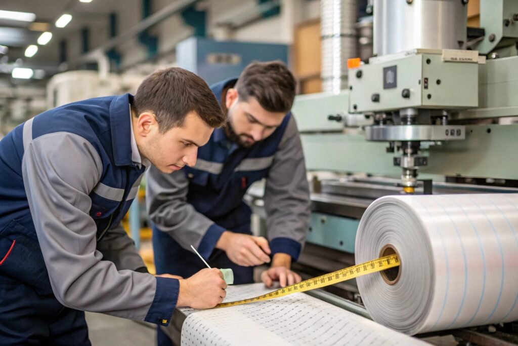 Factory workers checking quality of large white film rolls in warehouse