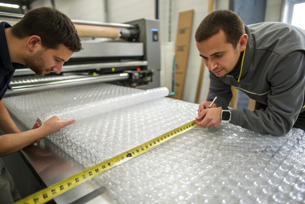 Factory workers walking between large wrapped white film rolls