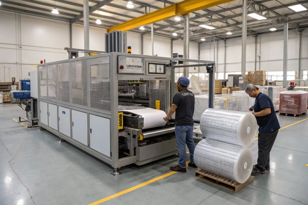 Custom packaging machine assembly for automated cutting production