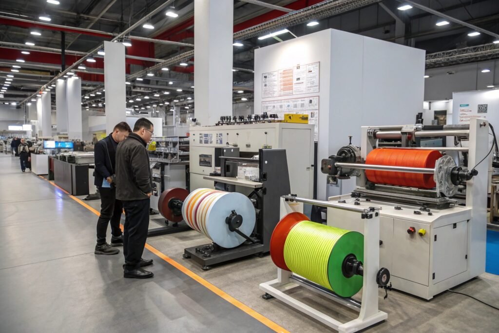 Two engineers measuring printed film roll on production line
