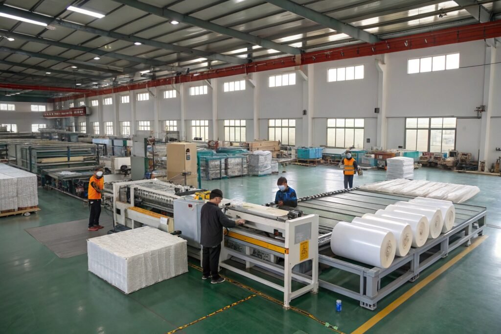 Heavy-duty bubble wrap rolls beside industrial cutting machine