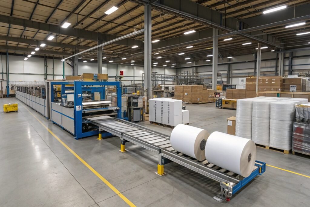 Large scale automatic bubble wrap production line in warehouse facility