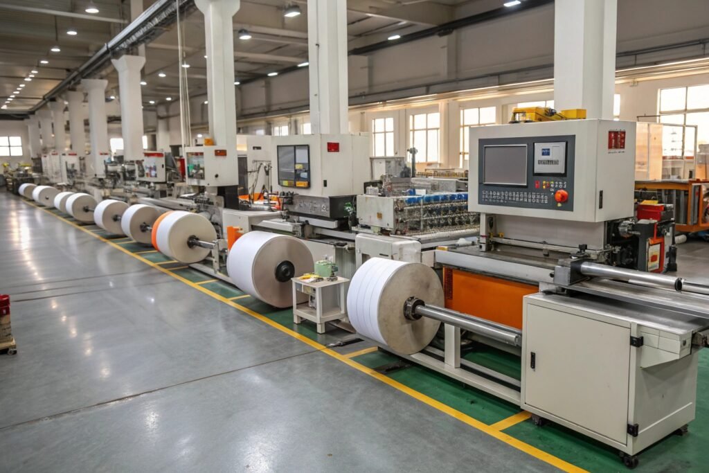 Film slitting cutting machine operating in industrial factory workshop