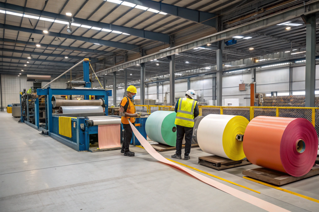 Industrial factory workers handling large colored paper rolls on production line