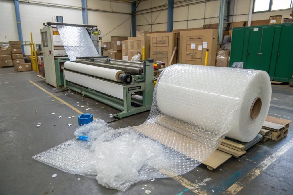Industrial ionizing bar installation for static elimination on bubble wrap cutting equipment