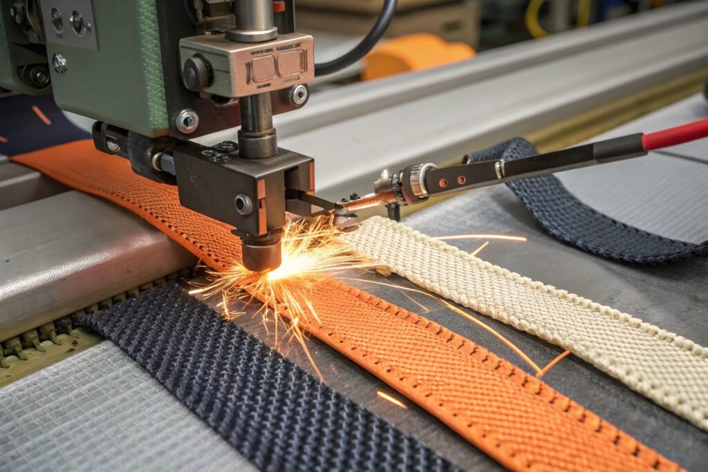 Hot knife cutting nylon webbing with sealed edges for industrial strap manufacturing