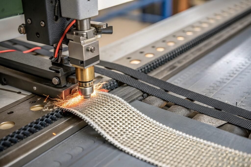 Hot Knife Webbing Cutting Process Hot knife cutting nylon webbing with sealed edges for clean strap manufacturing