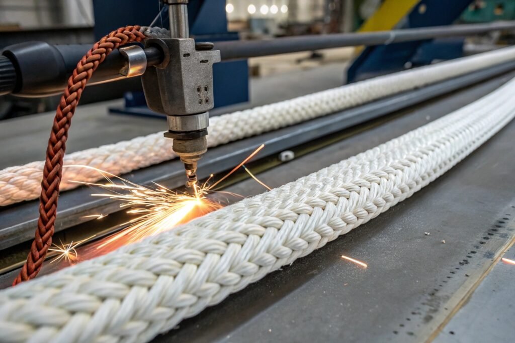 Hot knife cutter sealing synthetic rope ends for clean industrial rope processing