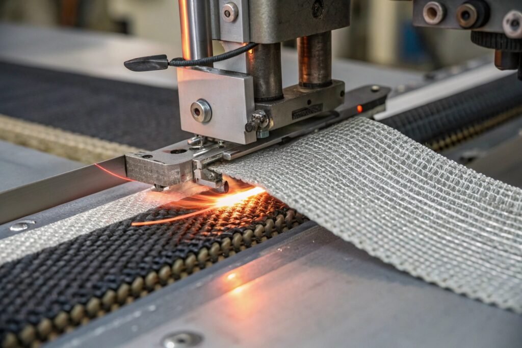 Hot Knife Cutting Nylon Webbing Hot knife cutting nylon webbing with sealed edges to prevent fraying in industrial manufacturing