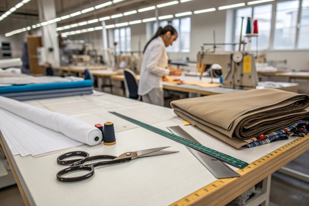 Professional fabric scissors cutting textile material for accurate garment production