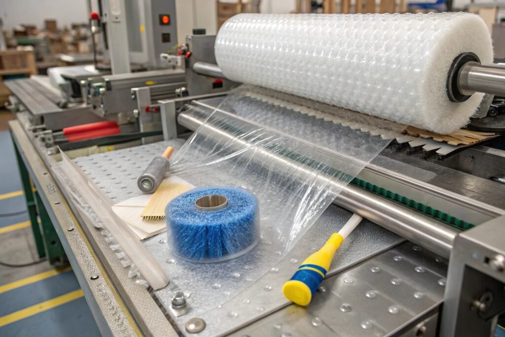 Industrial feeding roller cleaning and inspection process for accurate bubble wrap material handling