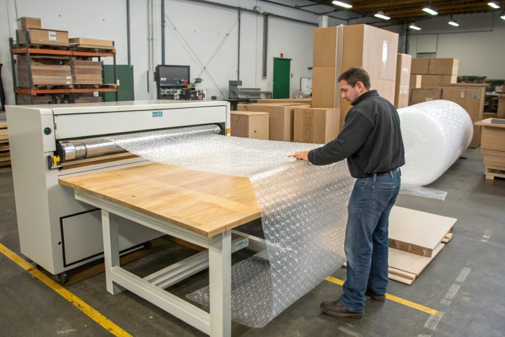 Wide bubble wrap sheets providing protective coverage for wooden furniture panels and cabinet surfaces