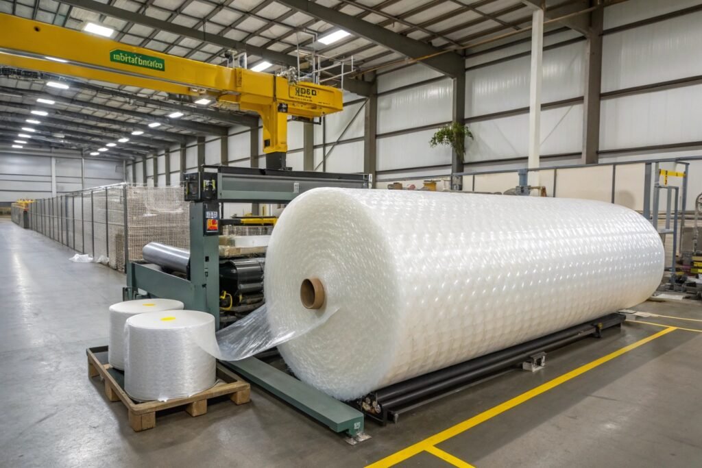 Automated cushioning material cutter handling thick bubble wrap sheets for bumper packaging