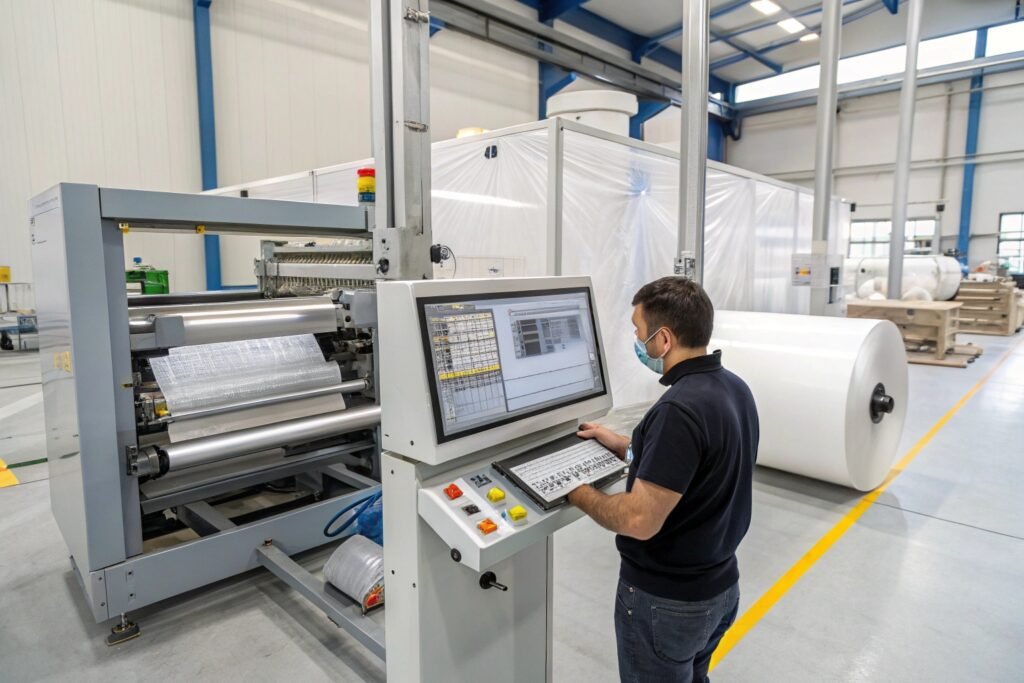 Touch screen HMI displaying cutting length quantity and speed settings for packaging automation