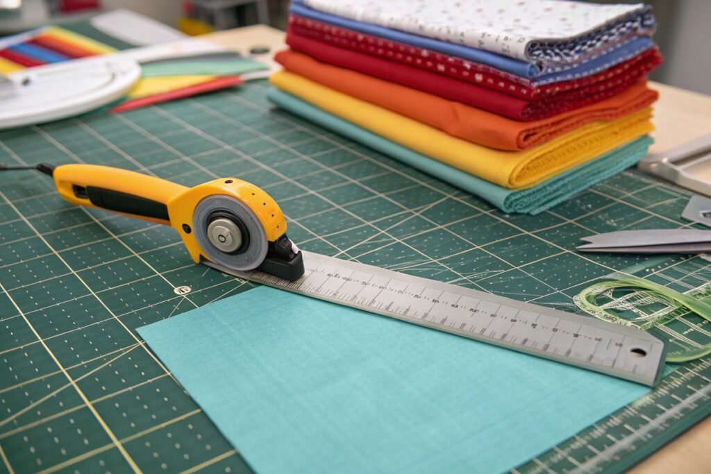 Rotary cutter with cutting mat for precise fabric cutting and quilting