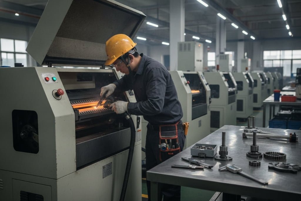 Technician inspecting hot knife cutting blade for webbing angle cutting machine